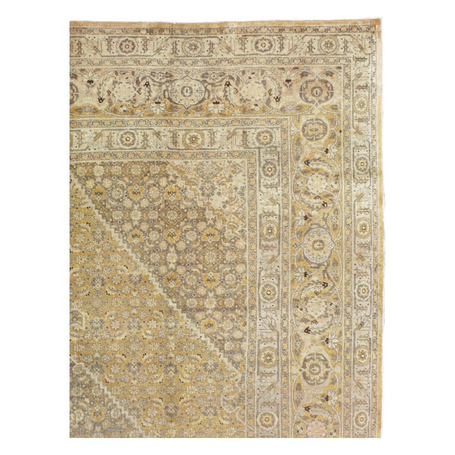 Colonial Revival Mid-20th Century Handmade Persian Tabriz Large Room Size Carpet in Yellow For Sale