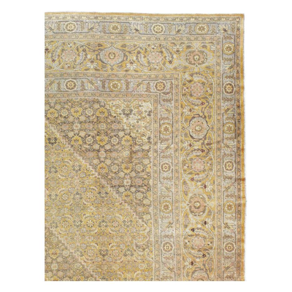 Hand-Knotted Mid-20th Century Handmade Persian Tabriz Large Room Size Carpet in Yellow For Sale