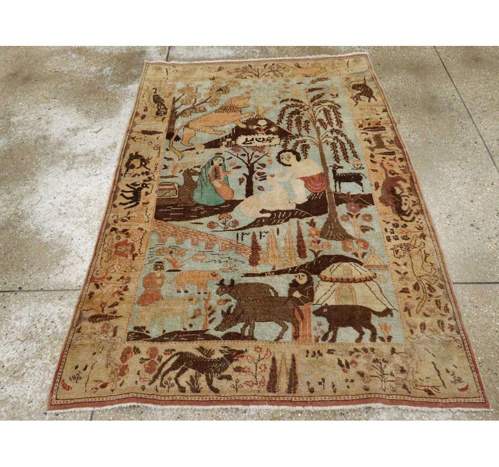 Wool Mid-20th Century Handmade Persian Tabriz Pictorial Accent Rug For Sale
