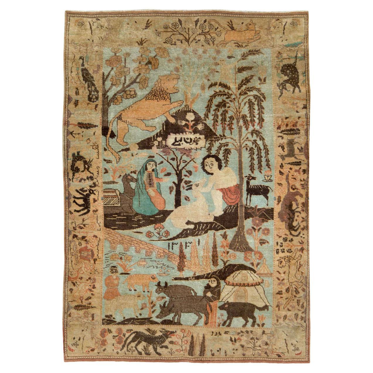 Mid-20th Century Handmade Persian Tabriz Pictorial Accent Rug For Sale