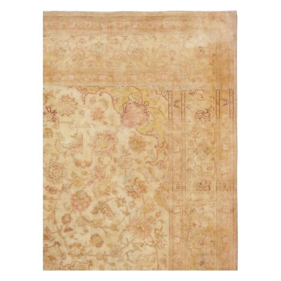 Hand-Knotted Mid-20th Century Handmade Persian Traditional Tabriz Accent Rug in Blonde For Sale