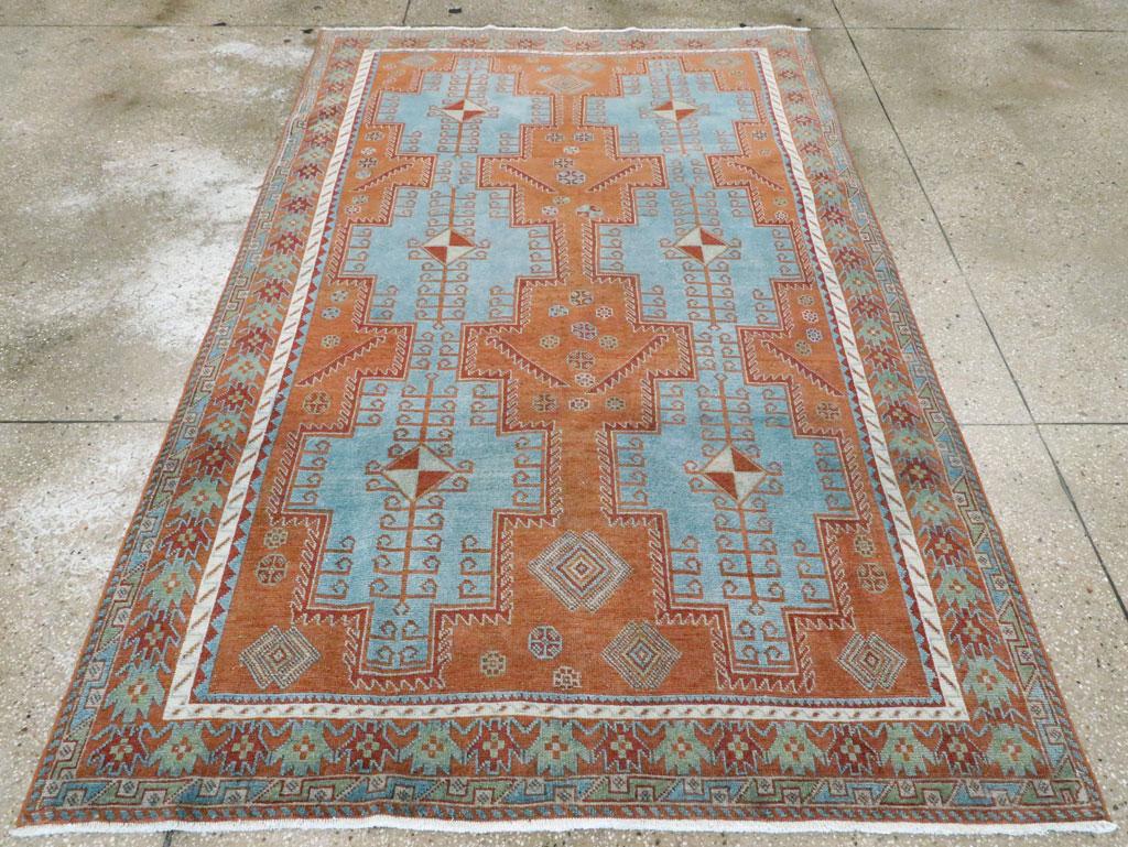 Hand-Knotted Mid-20th Century Handmade Persian Tribal Accent Rug in Orange, Blue, and Green