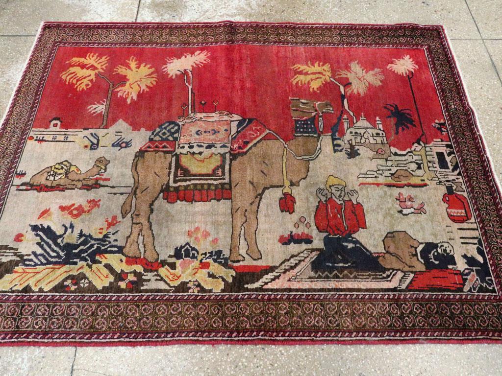 Hand-Knotted Mid-20th Century Handmade Persian Tribal Pictorial Scenic Accent Rug, circa 1930 For Sale