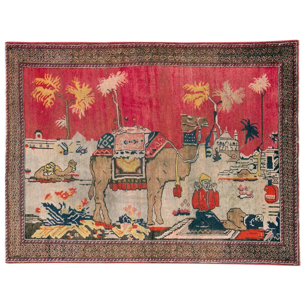 Mid-20th Century Handmade Persian Tribal Pictorial Scenic Accent Rug, circa 1930 For Sale