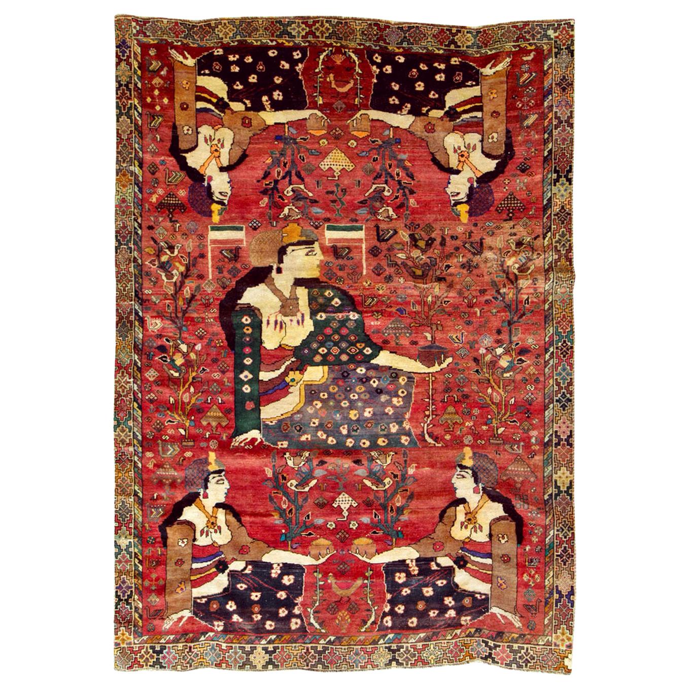 Mid-20th Century Handmade Pictorial Persian Shiraz Room Size Accent Folk Rug