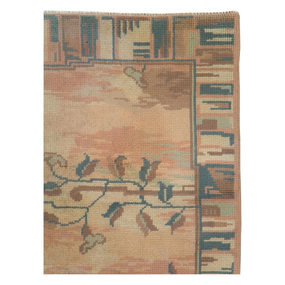 Hand-Knotted Mid-20th Century Handmade Polish Art Nouveau Accent Rug in Pastel Colors