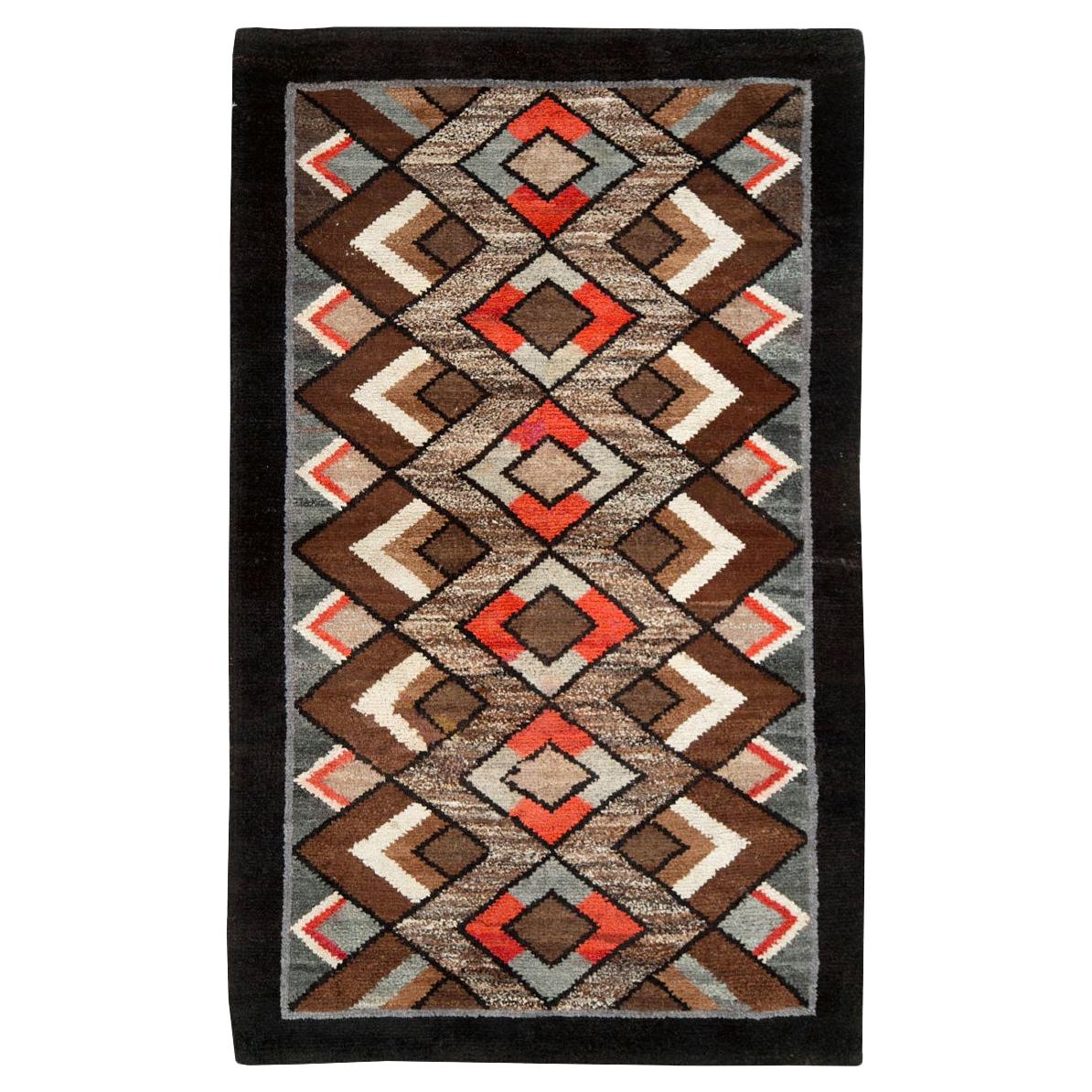 Mid-20th Century Handmade Polish Geometric Art Deco Style Accent Rug For Sale