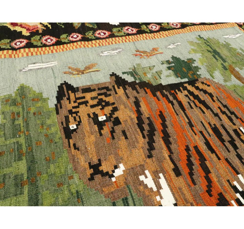 Neoclassical Mid-20th Century Handmade Russian Bessarabian Pictorial Tiger Accent Rug For Sale