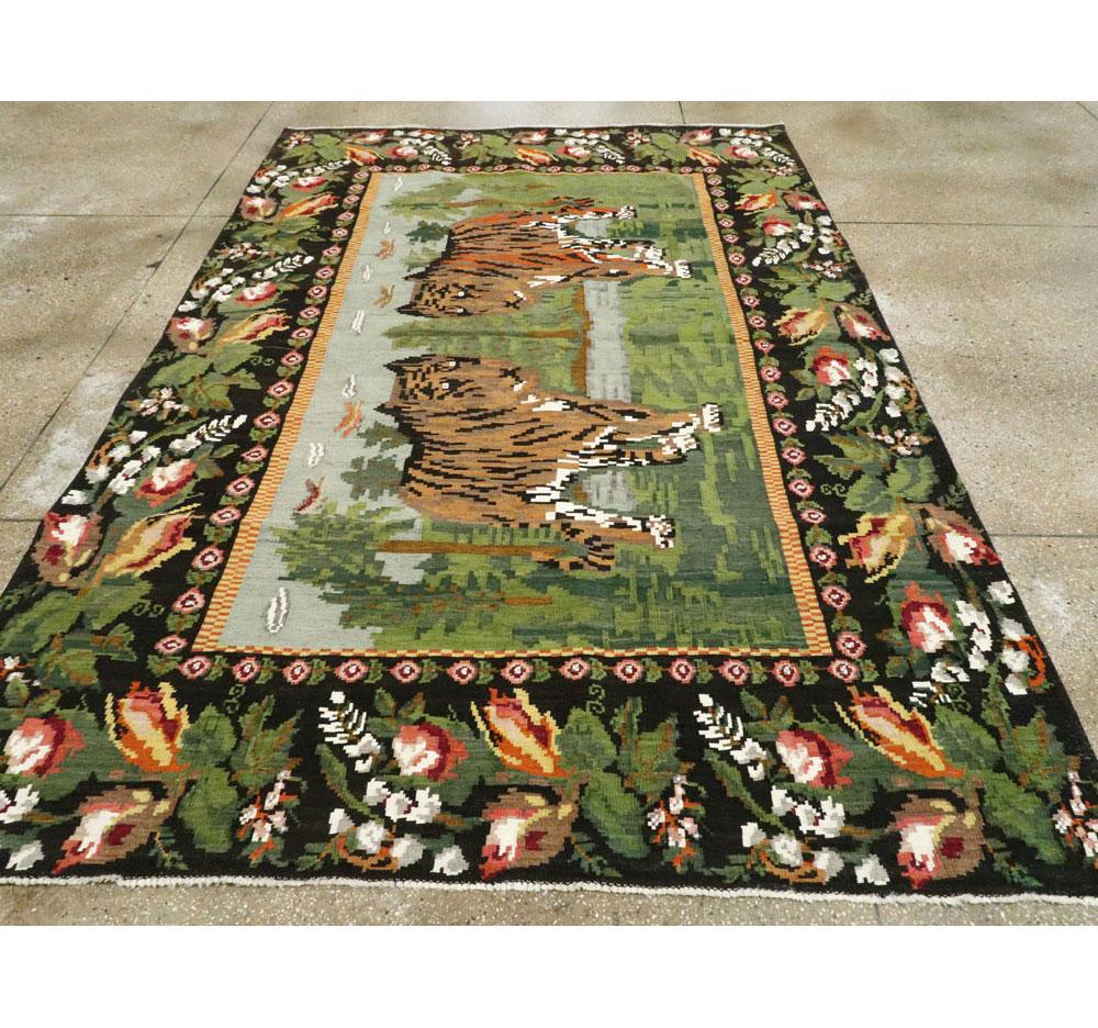 Mid-20th Century Handmade Russian Bessarabian Pictorial Tiger Accent Rug In Good Condition For Sale In New York, NY