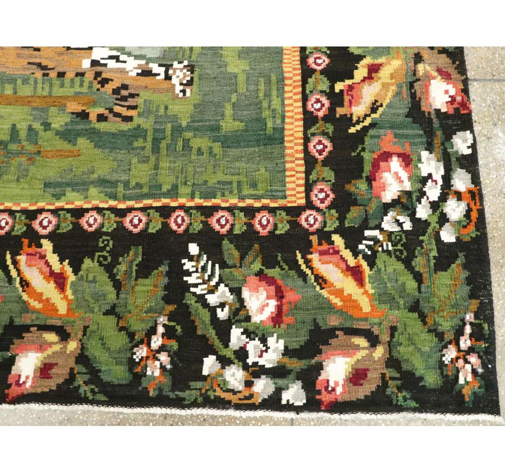 Wool Mid-20th Century Handmade Russian Bessarabian Pictorial Tiger Accent Rug For Sale