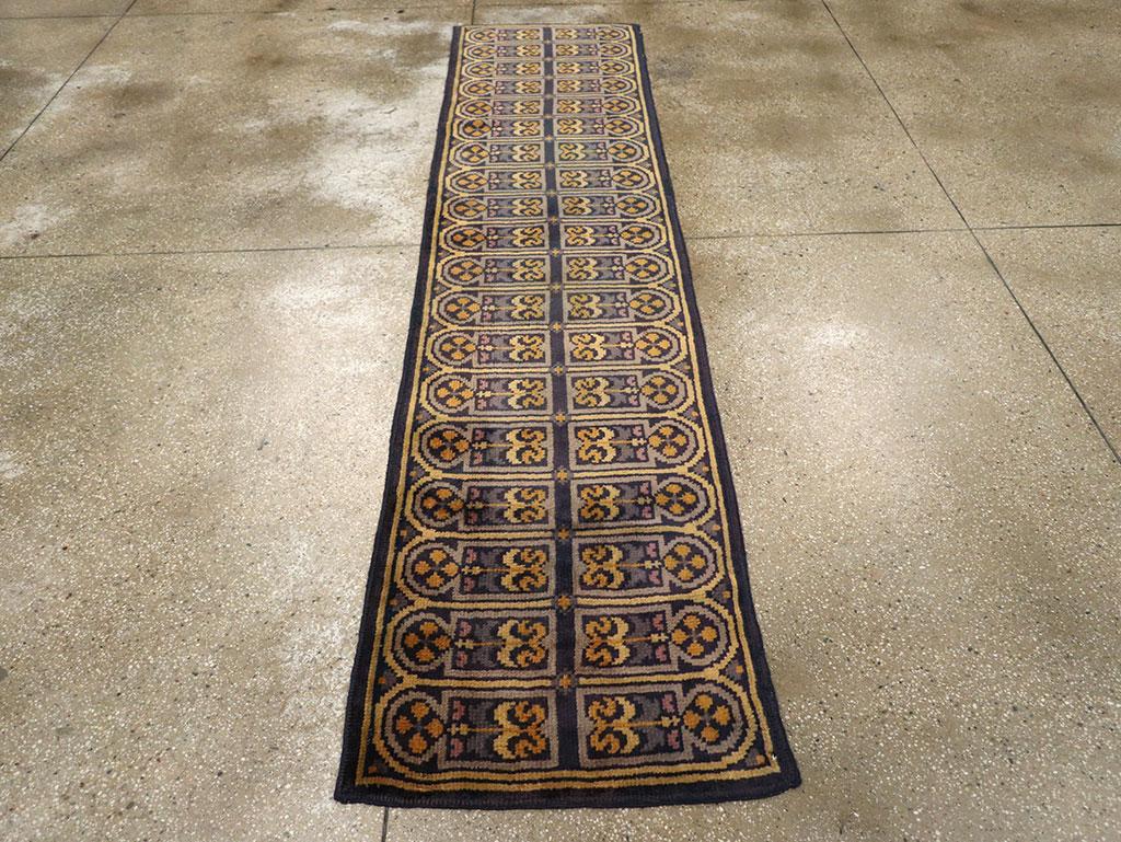 Art Deco Mid-20th Century Handmade Spanish Savonnerie-Style Runner Rug in Dark Blue For Sale