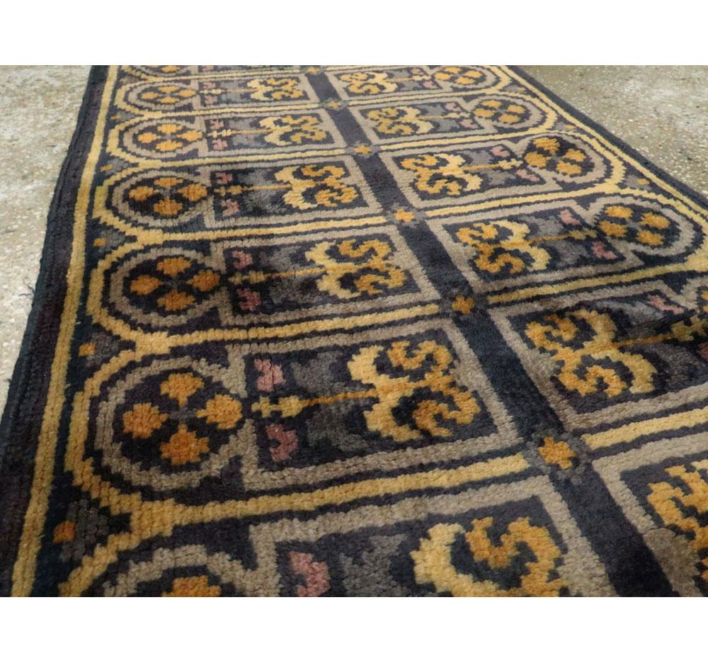 Hand-Knotted Mid-20th Century Handmade Spanish Savonnerie-Style Runner Rug in Dark Blue For Sale
