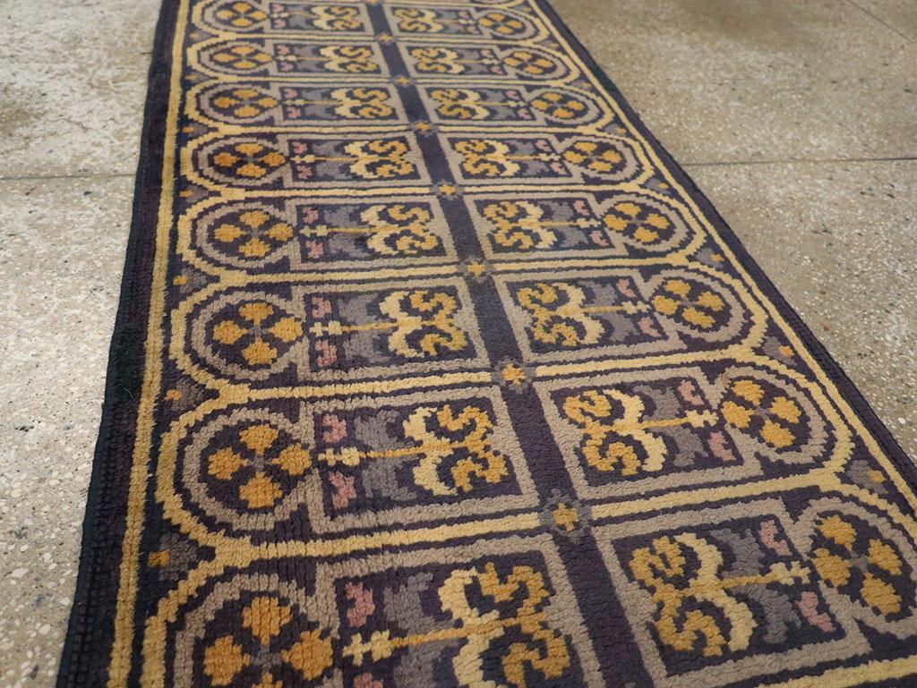 Hand-Knotted Mid-20th Century Handmade Spanish Savonnerie-Style Runner Rug in Dark Blue For Sale