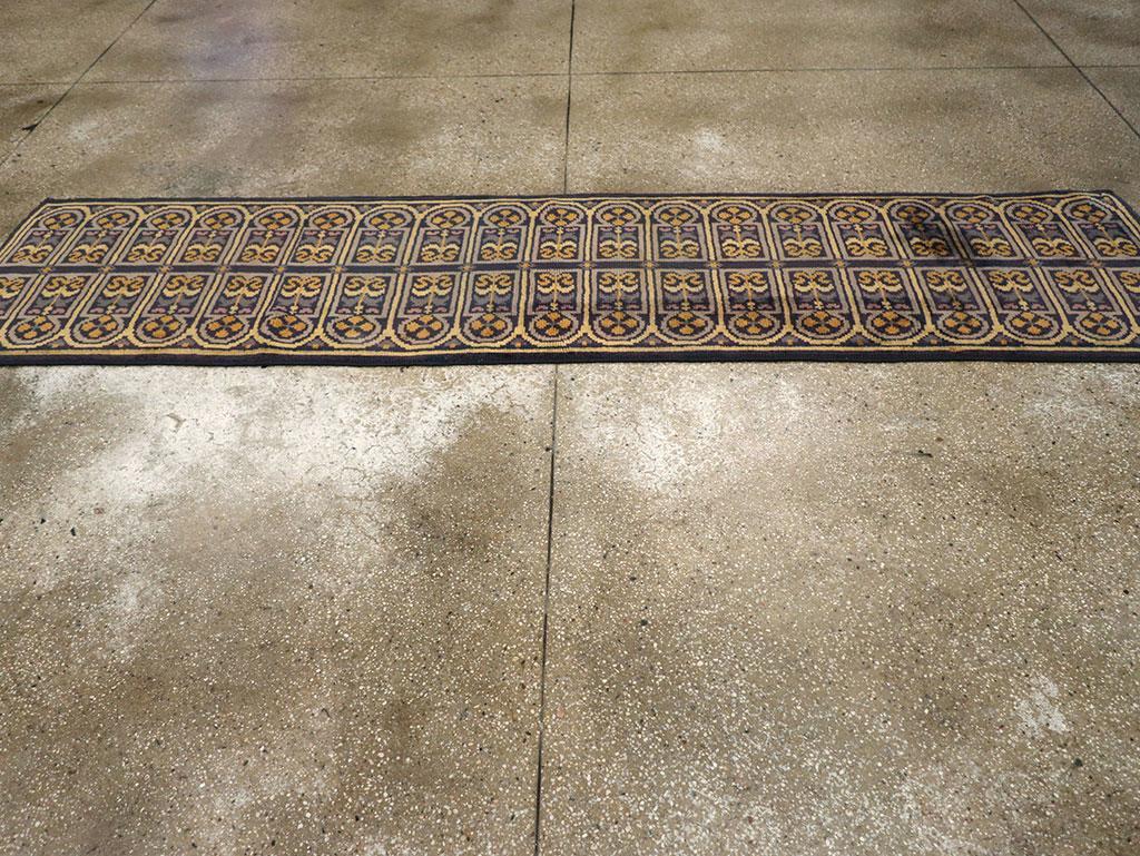Mid-20th Century Handmade Spanish Savonnerie-Style Runner Rug in Dark Blue In Good Condition For Sale In New York, NY