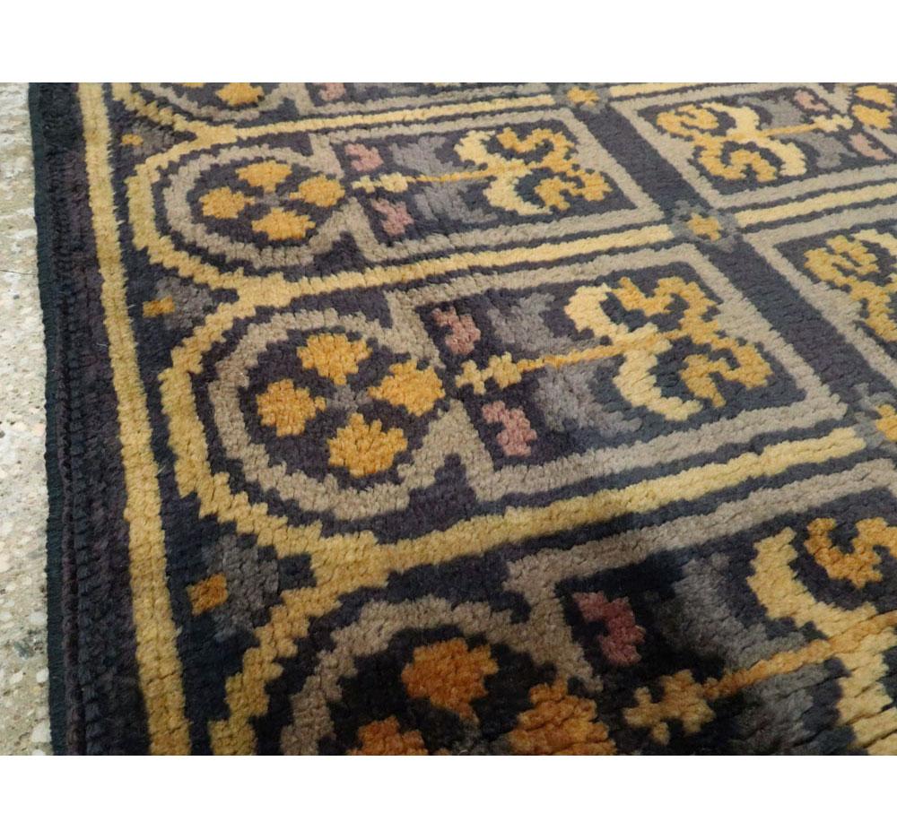 Wool Mid-20th Century Handmade Spanish Savonnerie-Style Runner Rug in Dark Blue For Sale