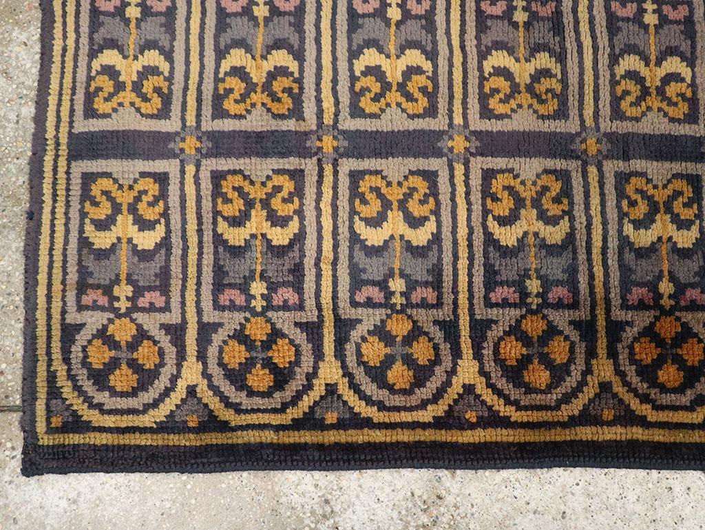 Wool Mid-20th Century Handmade Spanish Savonnerie-Style Runner Rug in Dark Blue For Sale