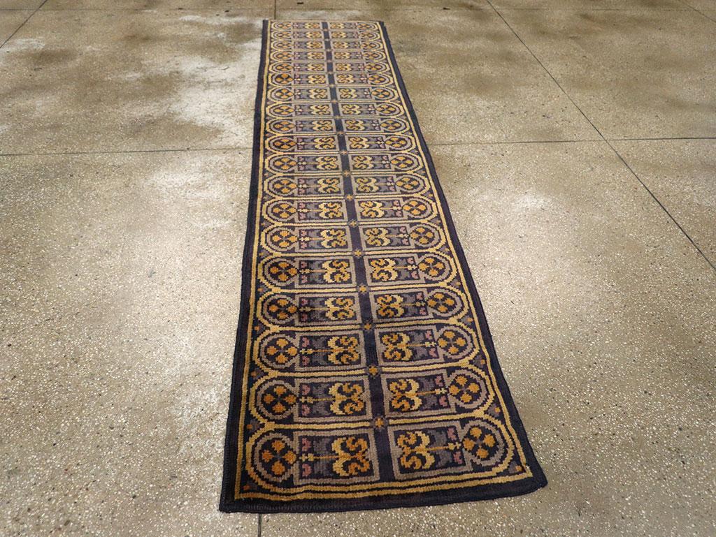 Mid-20th Century Handmade Spanish Savonnerie-Style Runner Rug in Dark Blue For Sale 1