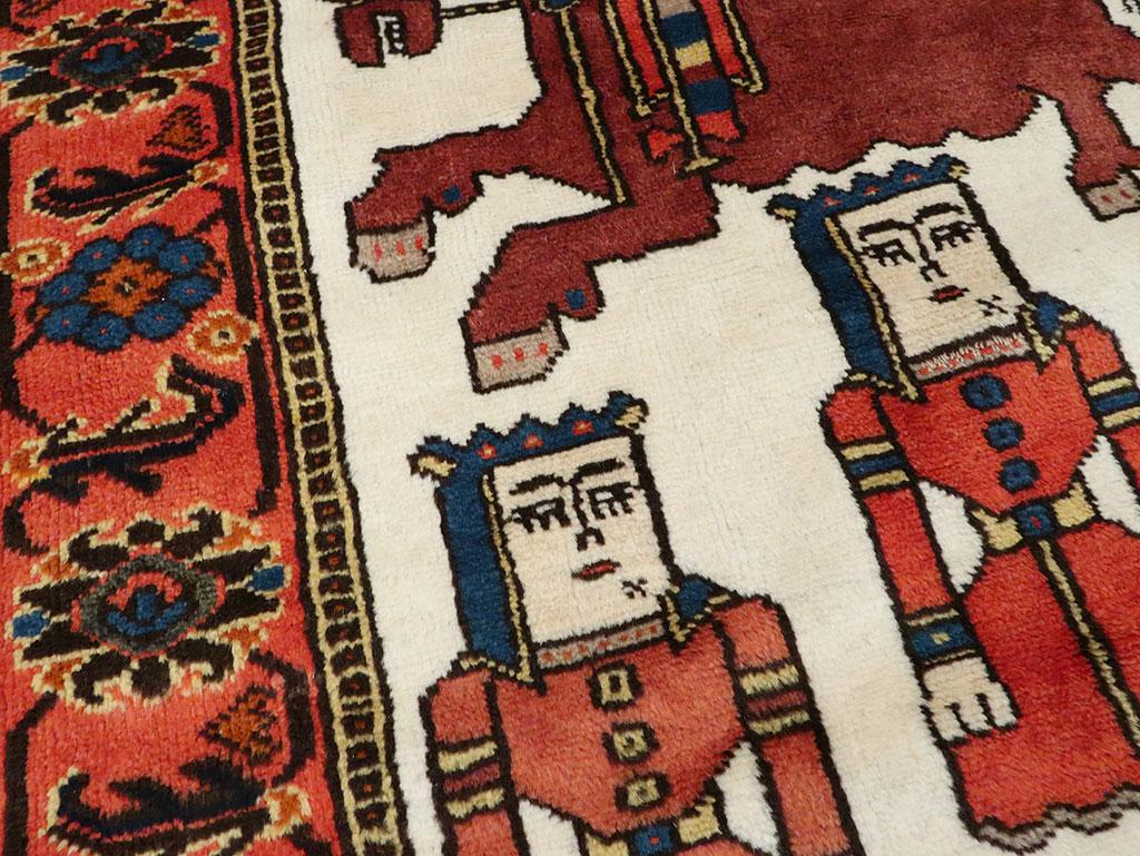Hand-Knotted Mid-20th Century Handmade Tribal Folk Persian Pictorial Kurdish Accent Rug