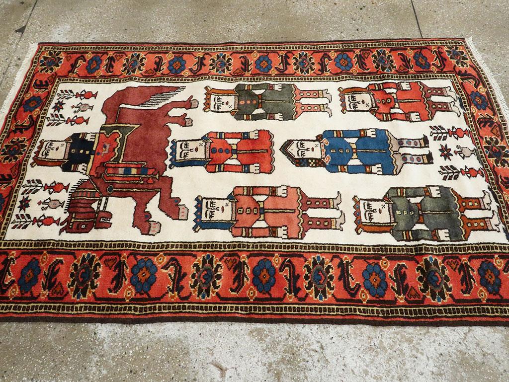 Mid-20th Century Handmade Tribal Folk Persian Pictorial Kurdish Accent Rug In Good Condition In New York, NY