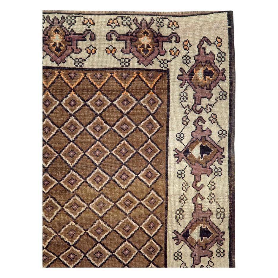 Rustic Mid-20th Century Handmade Turkish Room Size Carpet in Brown and Cream For Sale