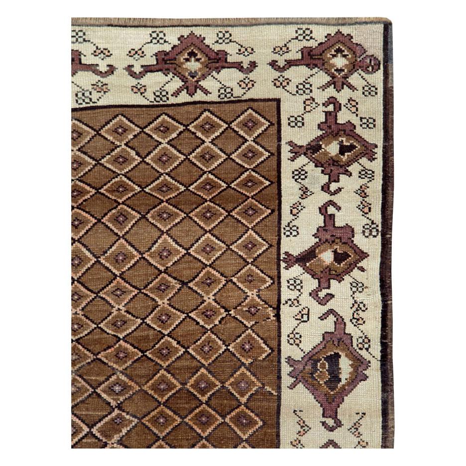 Hand-Knotted Mid-20th Century Handmade Turkish Room Size Carpet in Brown and Cream For Sale