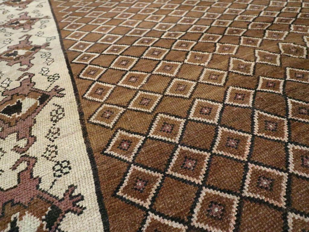 Wool Mid-20th Century Handmade Turkish Room Size Carpet in Brown and Cream For Sale
