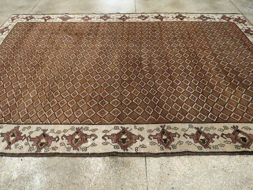 Mid-20th Century Handmade Turkish Room Size Carpet in Brown and Cream For Sale 1