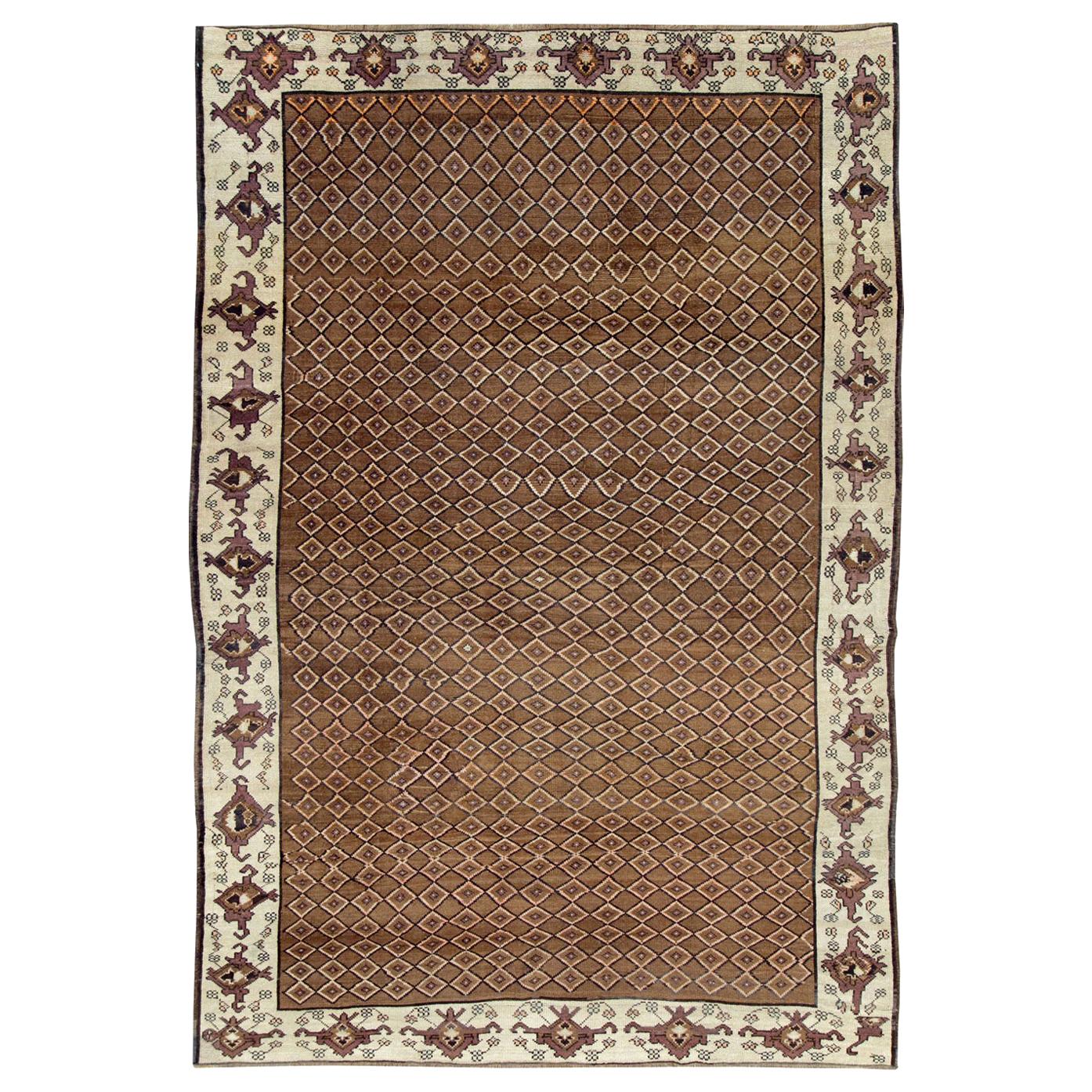 Mid-20th Century Handmade Turkish Room Size Carpet in Brown and Cream For Sale