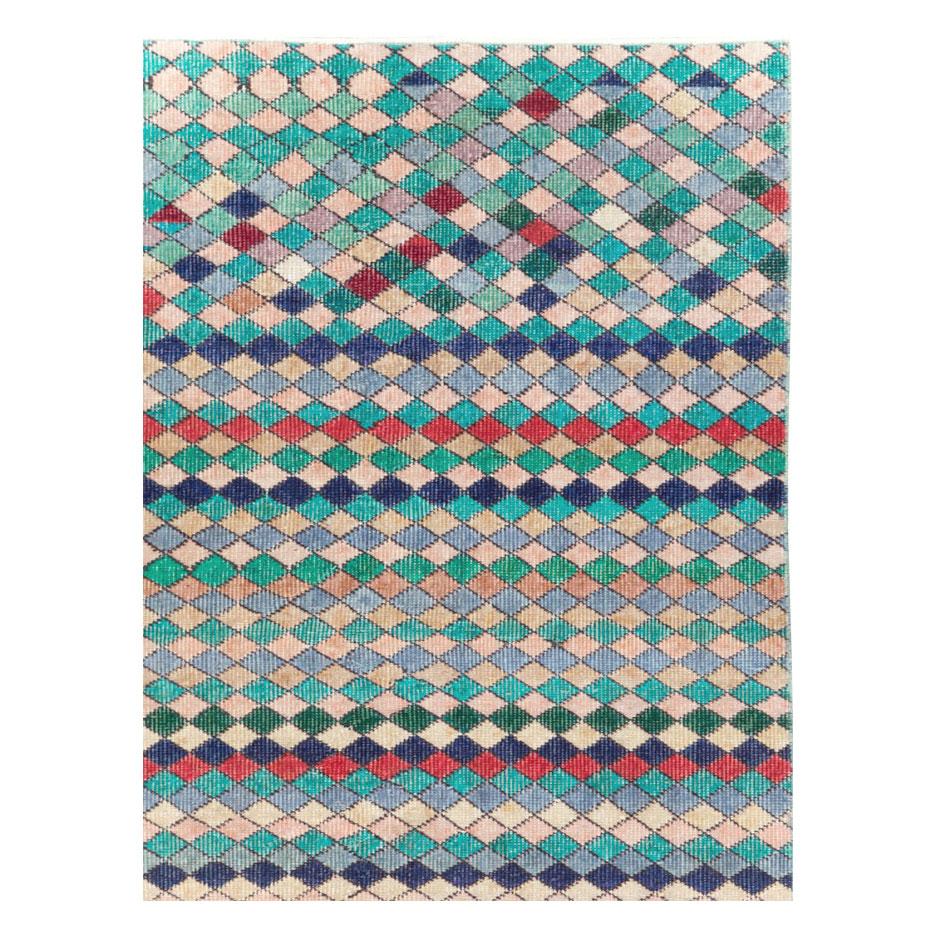 Modern Mid-20th Century Handmade Turkish Accent Rug in Teal and Turquoise For Sale