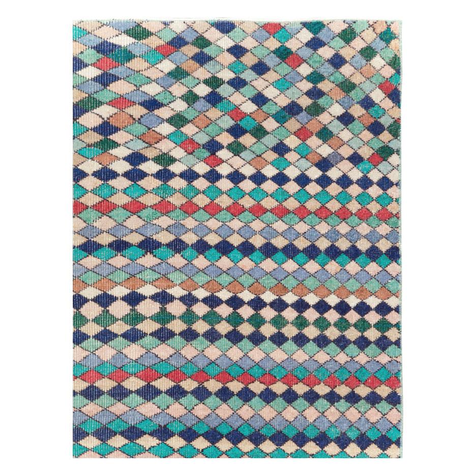 Hand-Knotted Mid-20th Century Handmade Turkish Accent Rug in Teal and Turquoise For Sale