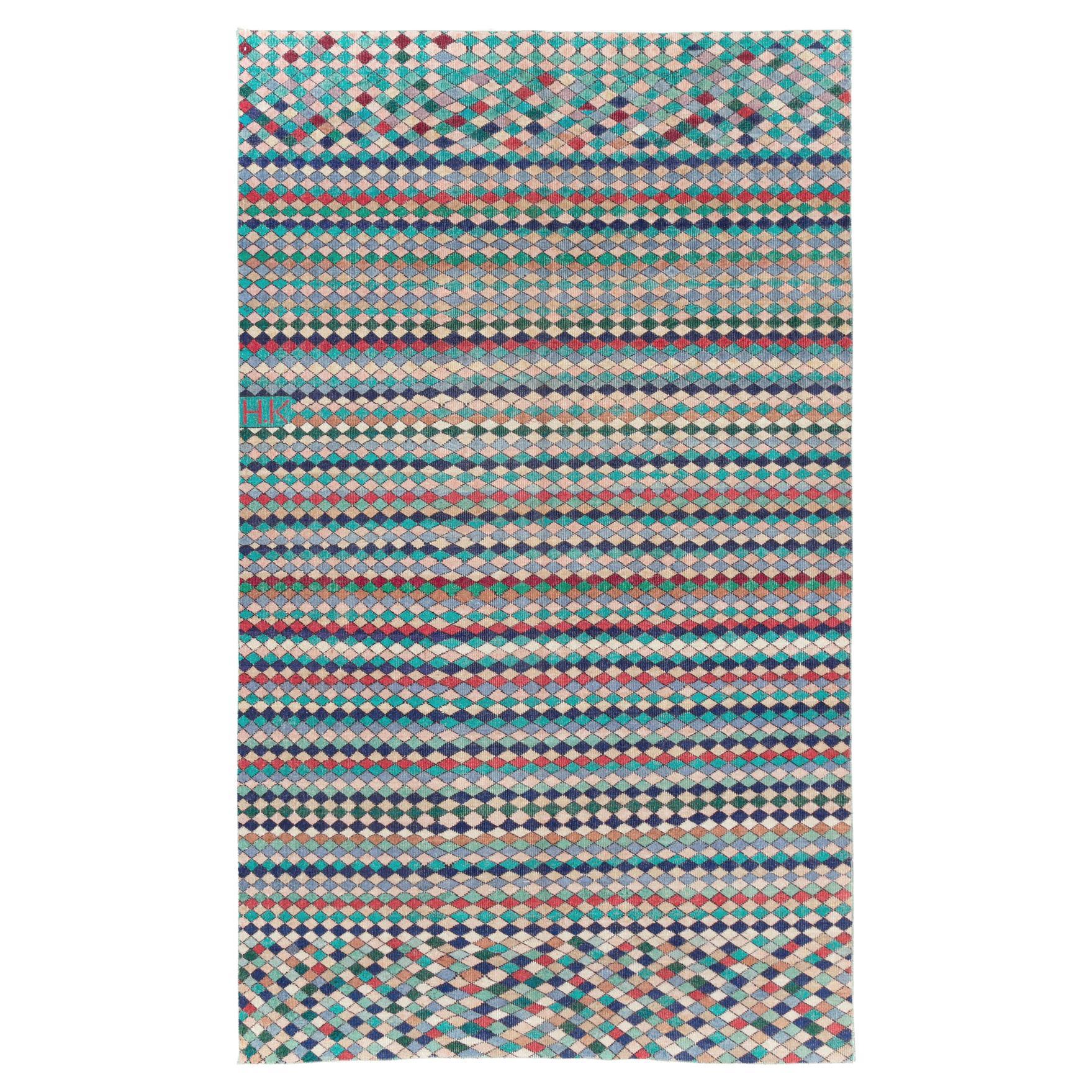 Mid-20th Century Handmade Turkish Accent Rug in Teal and Turquoise For Sale