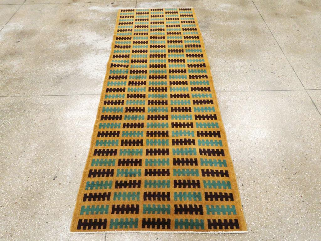 Hand-Knotted Mid-20th Century Handmade Turkish Anatolian Art Deco Style Runner For Sale
