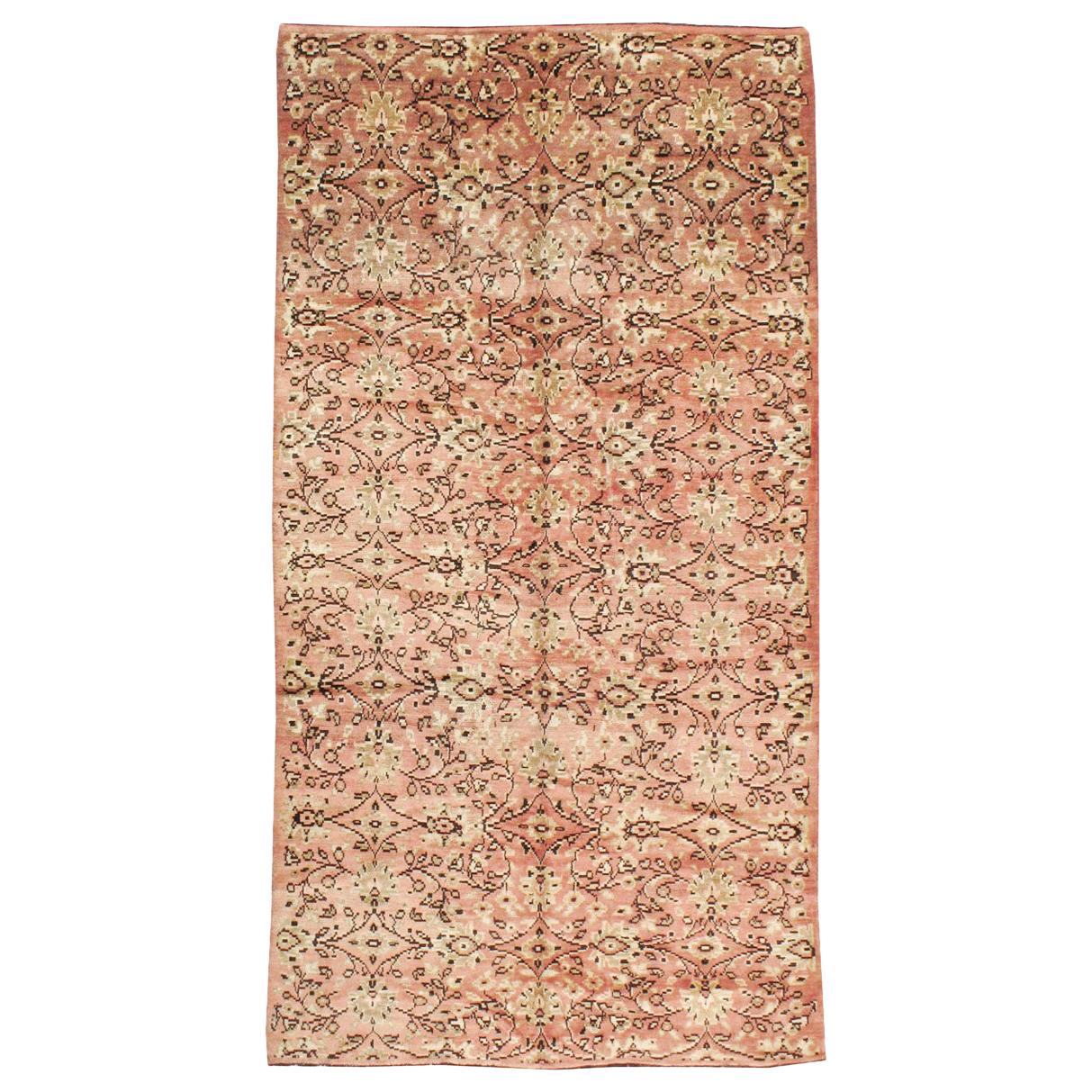 Mid-20th Century Handmade Turkish Anatolian Gallery Accent Rug in Blush Pink For Sale
