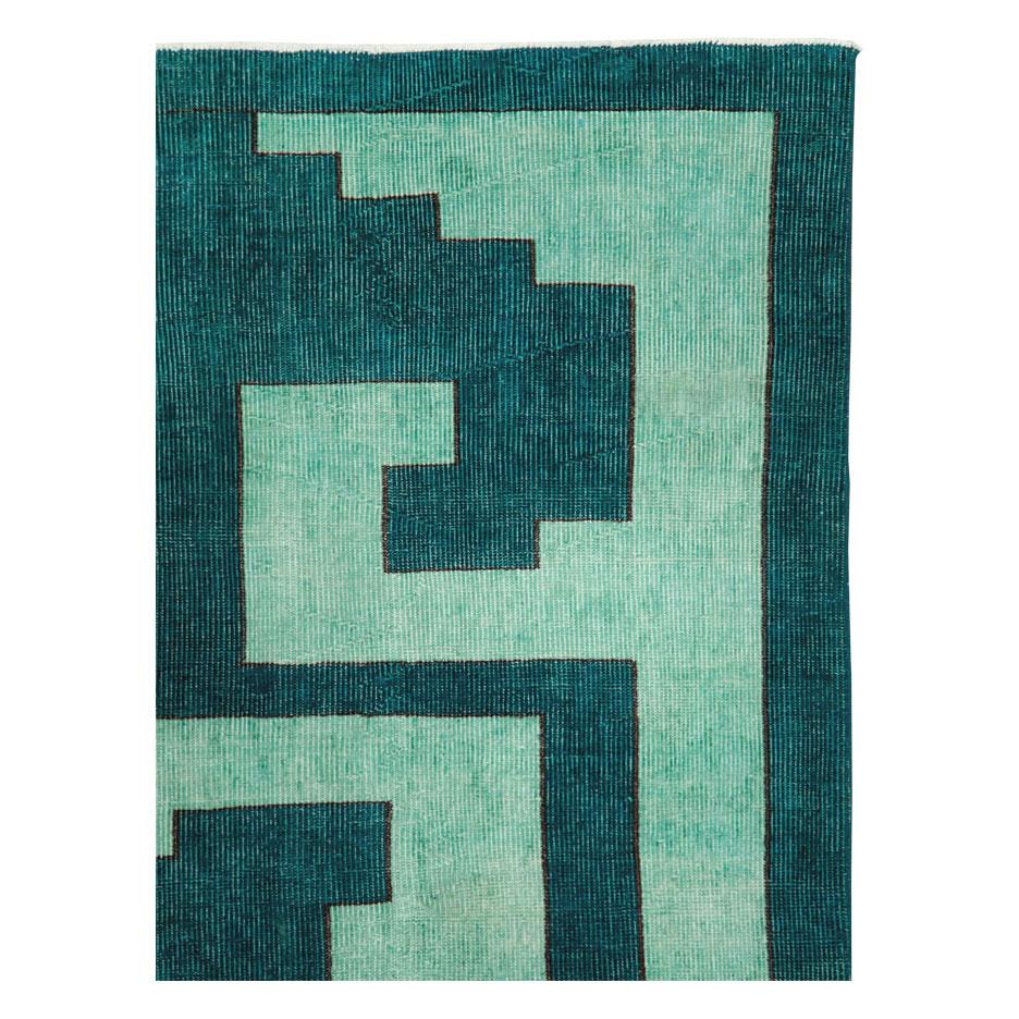 Modern Mid-20th Century Handmade Turkish Anatolian Geometric Rug in Teal For Sale