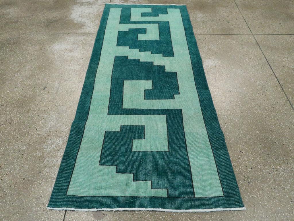 Hand-Knotted Mid-20th Century Handmade Turkish Anatolian Geometric Rug in Teal For Sale