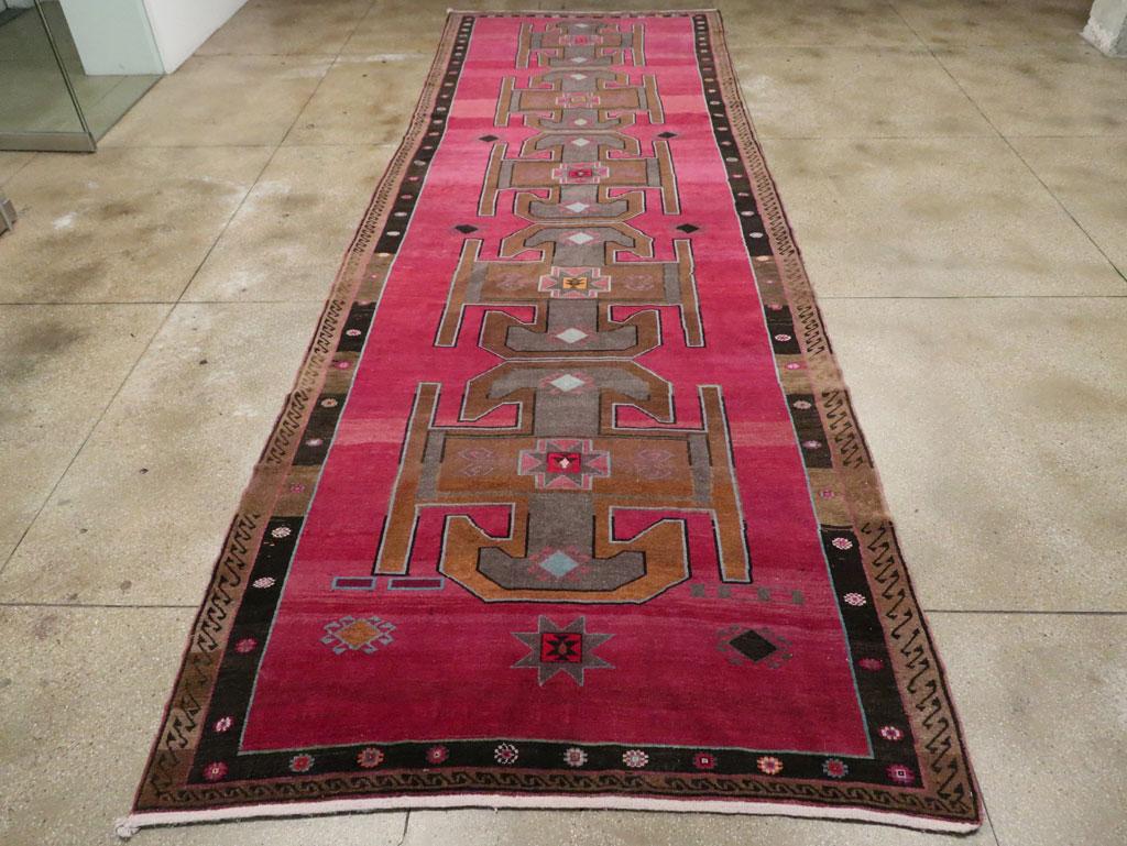 Hand-Knotted Mid-20th Century Handmade Turkish Anatolian Long & Narrow Gallery Carpet For Sale
