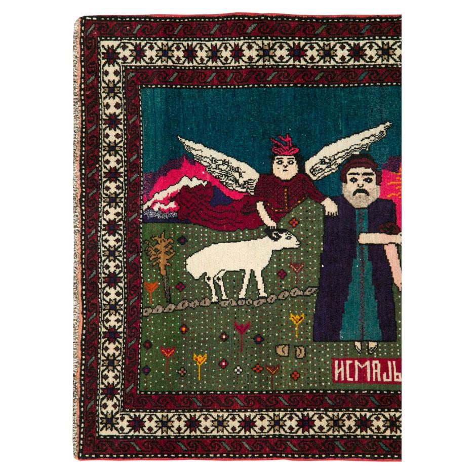 Folk Art Mid-20th Century Handmade Caucasian Pictorial Karabagh Rug of Abraham and Isaac