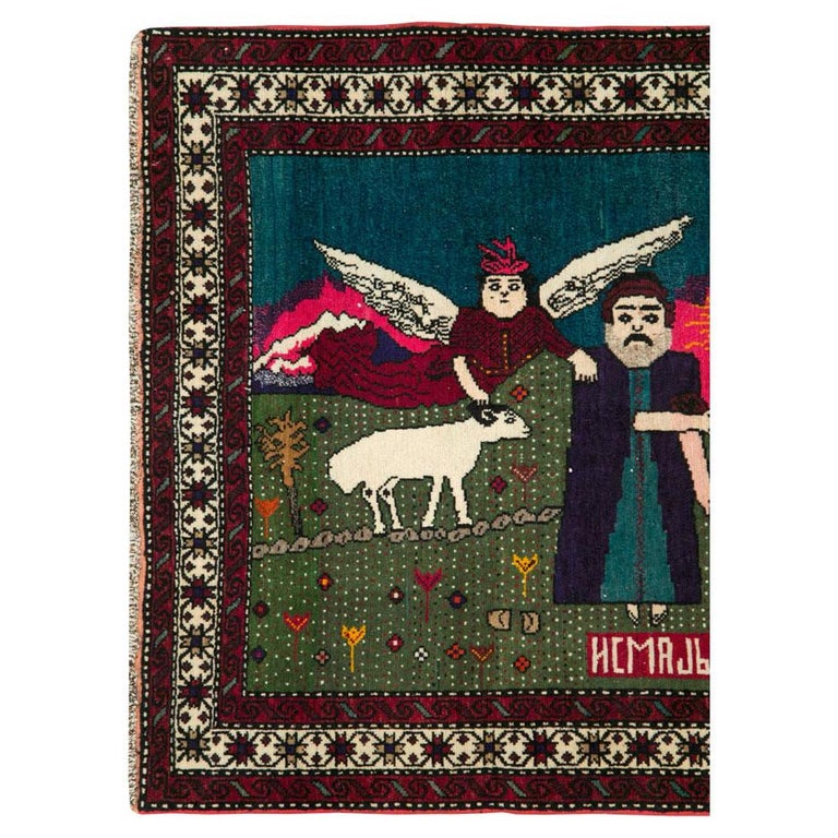 Folk Art Mid-20th Century Handmade Caucasian Pictorial Karabagh Rug of Abraham and Isaac For Sale