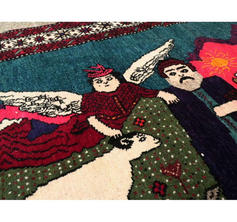 Wool Mid-20th Century Handmade Caucasian Pictorial Karabagh Rug of Abraham and Isaac For Sale