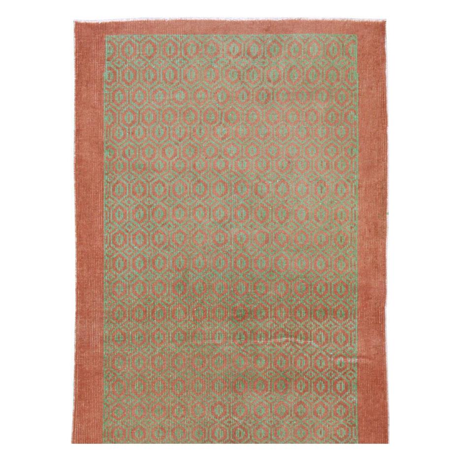 Mid-Century Modern Mid-20th Century Handmade Turkish Anatolian Runner Rug in Light Green and Coral For Sale