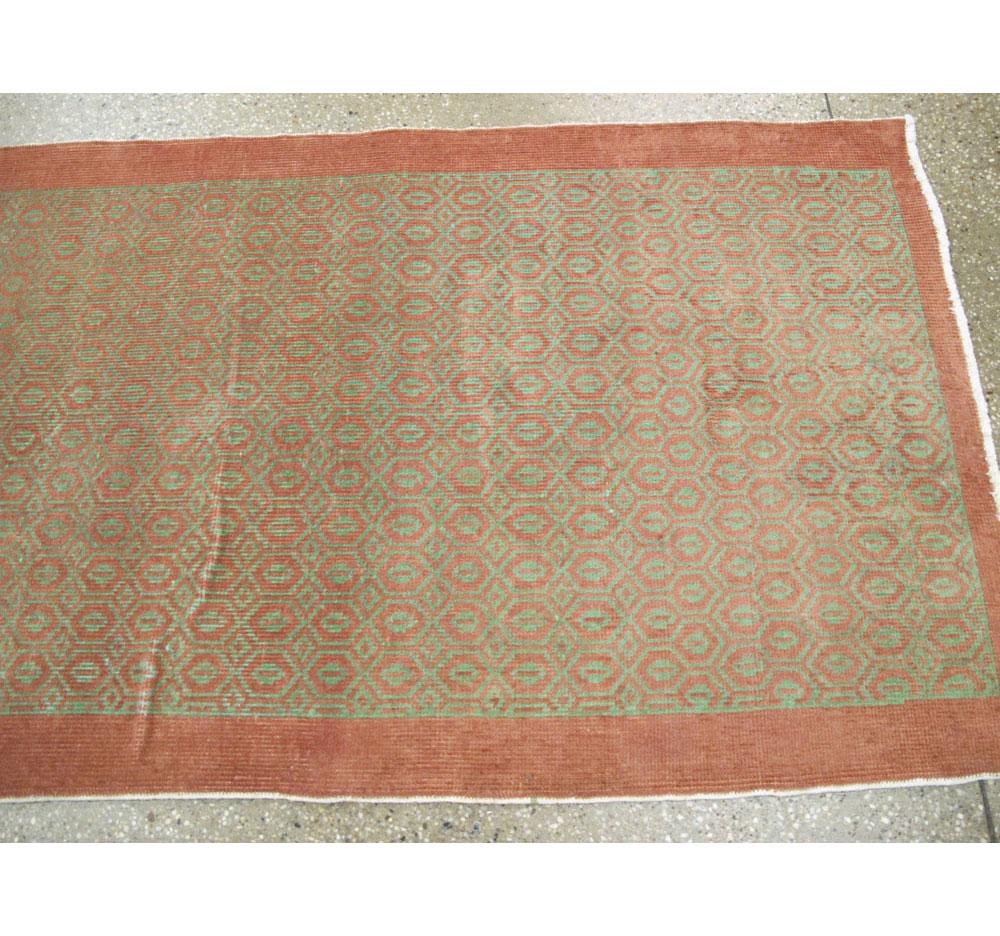 Wool Mid-20th Century Handmade Turkish Anatolian Runner Rug in Light Green and Coral For Sale