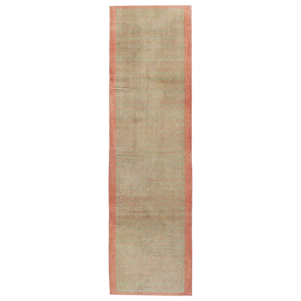 Mid-20th Century Handmade Turkish Anatolian Runner Rug in Light Green and Coral For Sale