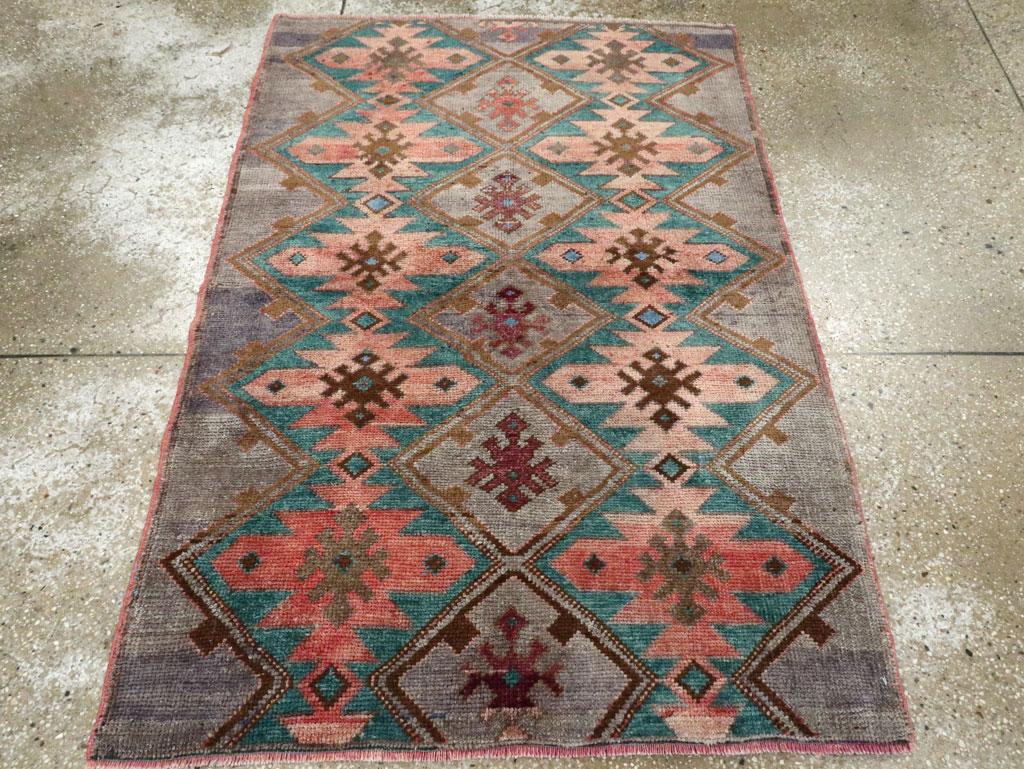Hand-Knotted Mid-20th Century Handmade Turkish Anatolian Small Throw Rug For Sale