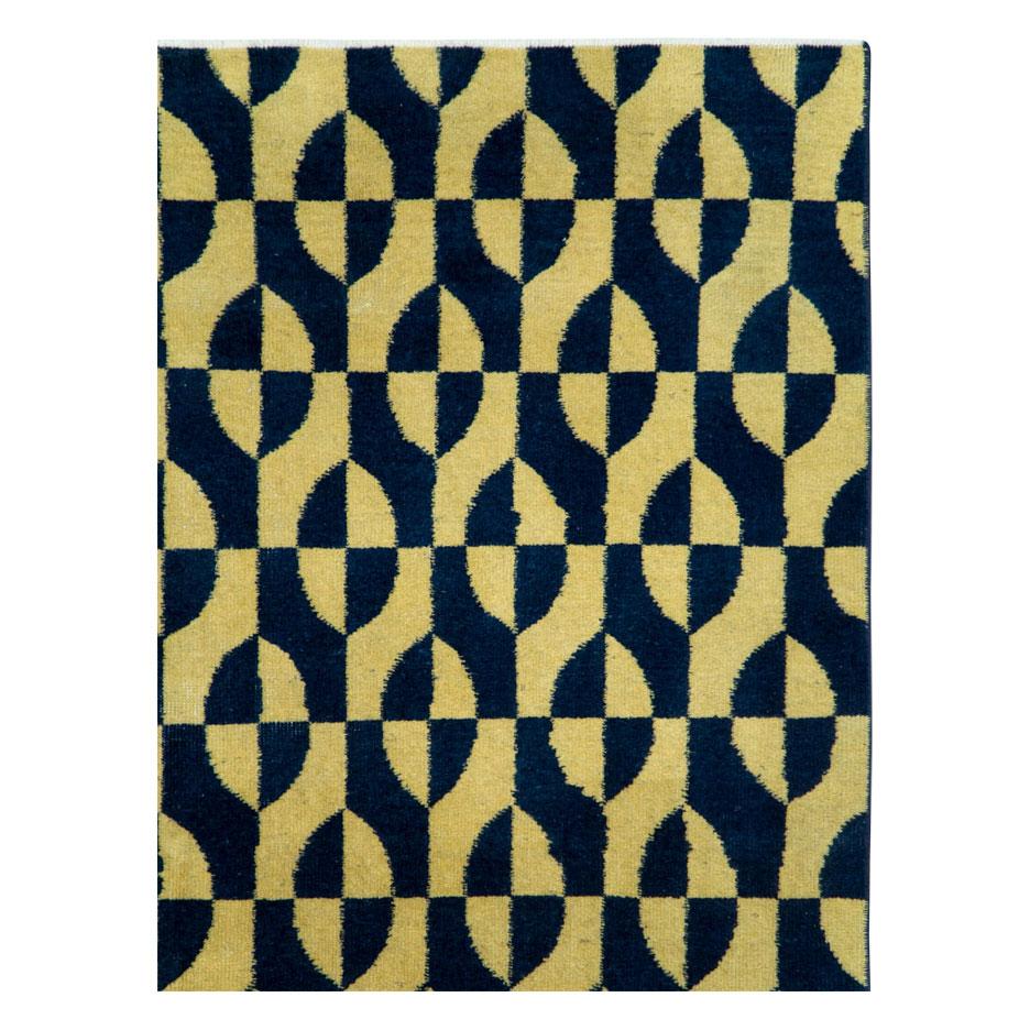 Modern Mid-20th Century Handmade Turkish Art Deco Accent Rug in Yellow and Blue For Sale