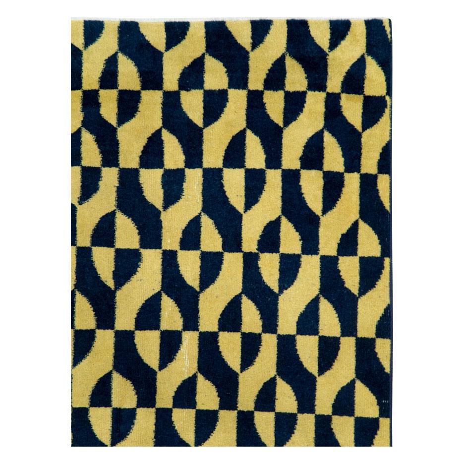 Hand-Knotted Mid-20th Century Handmade Turkish Art Deco Accent Rug in Yellow and Blue For Sale