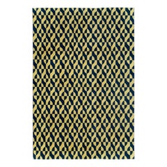 Tapis d'appoint Art Déco turc du milieu du 20ème siècle:: fait main:: jaune et bleu