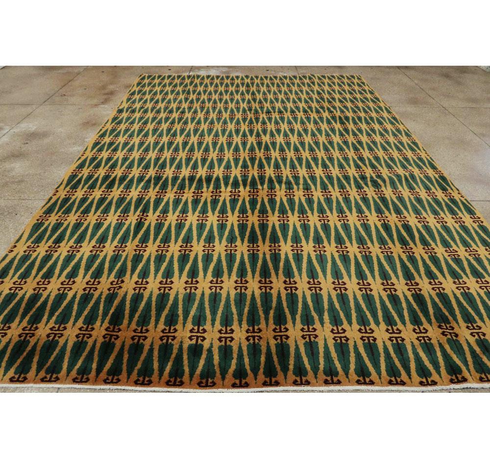 Wool Mid-20th Century Handmade Turkish Art Deco Room Size Carpet in Green and Gold For Sale