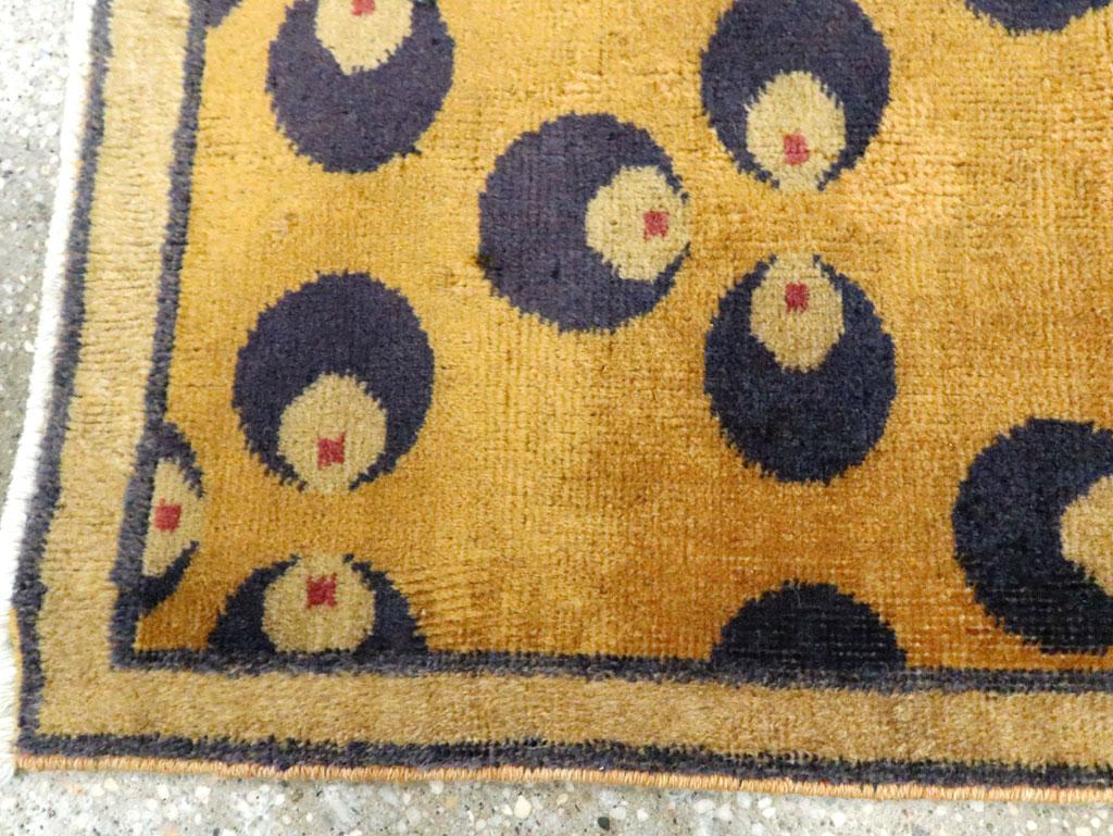 Wool Mid-20th Century Handmade Turkish Art Deco Throw Rug in Gold and Purple-Grey For Sale