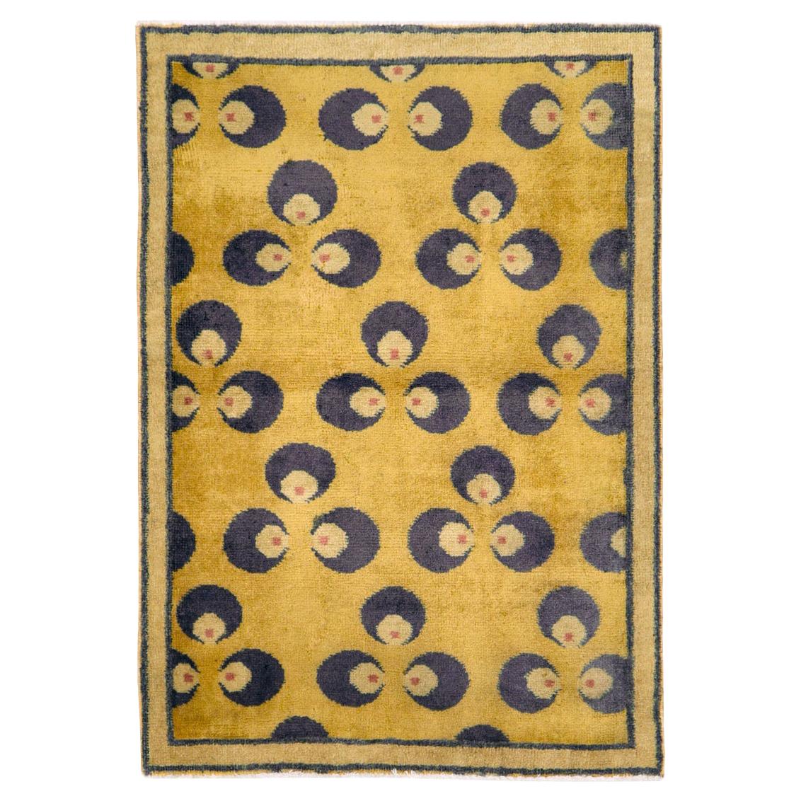 Mid-20th Century Handmade Turkish Art Deco Throw Rug in Gold and Purple-Grey For Sale