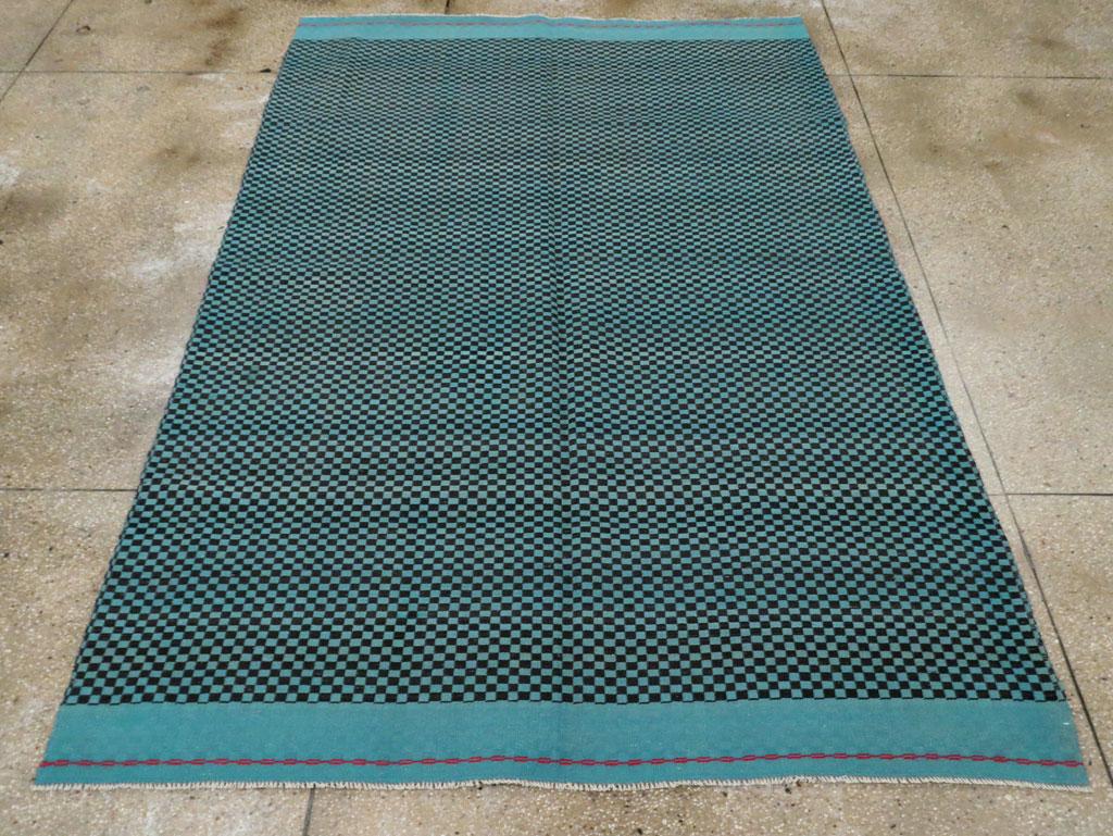 Modern Mid-20th Century Handmade Turkish Flatweave Accent Rug in Turquoise For Sale